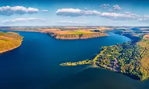 Aerial landscape photography. Sunny morning view from flying drone of Bakotska Bay