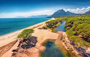 Aerial landscape photography. Sunny morning view from flying drone of Osala Beach