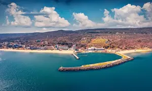 Dreamland Prints: Aerial landscape photography. Sunny spring view from flying drone of Golden Sands port
