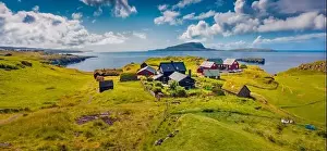 Torshavn Prints: Aerial landscape photography. Sunny summer view from flying drone of outskirts of Torshavn city