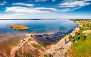 Fiahing Prints: Aerial landscape photography. Sunny summer view from flying drone of Svityaz Lake