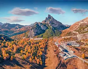 Dolomiten Prints: Aerial landscape photography. View from flying drone top of Falzarego pass