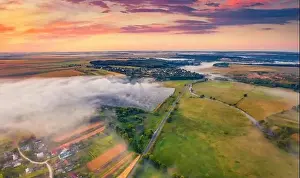 Splendid Prints: Aerial landscape photography. View from flying drone of misty Ukrainian countryside
