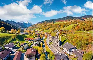 Rural Village Prints: Aerial landscape photography. Wonderful autumn view from flying drone of Parish Church of St