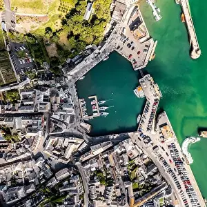 Directly Above Prints: An aerial top down landscape of the popular tourist destination of Padstow in Cornwall with harbour