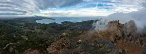 Castello Prints: Aerial landscape view of the Castello del Volterraio and Portoferraio bay on Elba Island