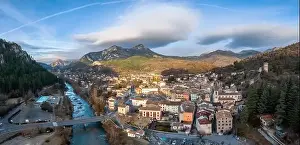 Ravine Prints: An aerial landscape view of the French village of Castellane in the Upper Verdon Gorge
