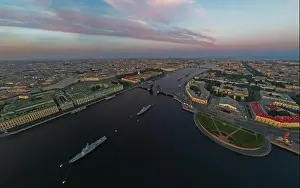 Cruiser Prints: Aerial landscape with warships in the Neva River before the holiday of the Russian Navy at early morning