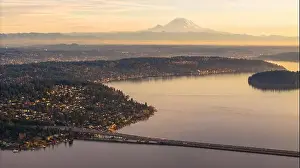 Washington State Prints: Aerial Mercer Island Bridge Lake Washington and Mount Rainier Beyond
