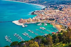 Aerial morning cityscape of Castellammare del Golfo town