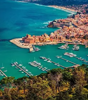 Aerial morning cityscape of Castellammare del Golfo town