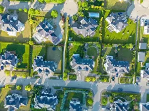 New Construction Prints: Aerial of new construction luxury residential neighborhood street single family homes real estate