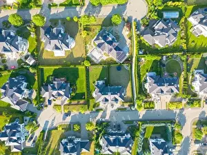 New Construction Prints: Aerial of new construction luxury residential neighborhood street single family homes real estate