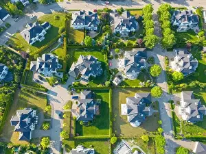 New Construction Prints: Aerial of new construction luxury residential neighborhood street single family homes real estate