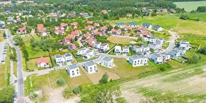New Construction Prints: Aerial of new construction luxury residential neighborhood street single family homes real estate