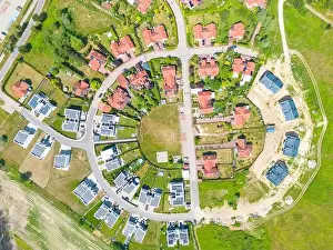New Construction Prints: Aerial of new construction luxury residential neighborhood street single family homes real estate