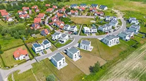 New Construction Prints: Aerial of new construction luxury residential neighborhood street single family homes real estate
