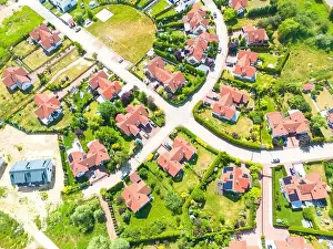 New Construction Prints: Aerial of new construction luxury residential neighborhood street single family homes real estate