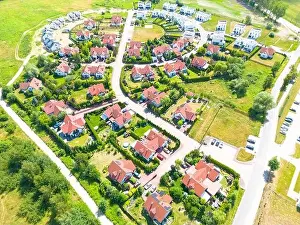 New Construction Prints: Aerial of new construction luxury residential neighborhood street single family homes real estate