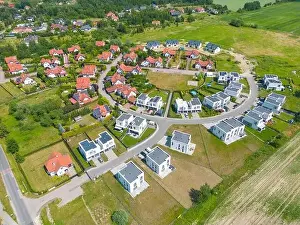 New Construction Prints: Aerial of new construction luxury residential neighborhood street single family homes real estate
