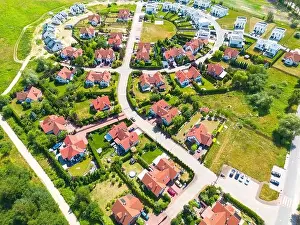 New Construction Prints: Aerial of new construction luxury residential neighborhood street single family homes real estate