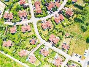 New Construction Prints: Aerial of new construction luxury residential neighborhood street single family homes real estate