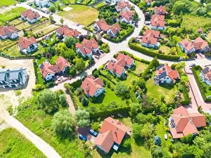 New Construction Prints: Aerial of new construction luxury residential neighborhood street single family homes real estate