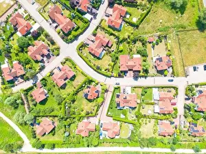 New Construction Prints: Aerial of new construction luxury residential neighborhood street single family homes real estate