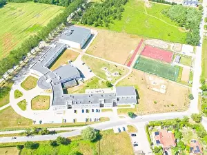 New Construction Prints: Aerial of new construction luxury residential neighborhood street single family homes real estate
