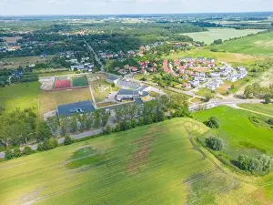 New Construction Prints: Aerial of new construction luxury residential neighborhood street single family homes real estate