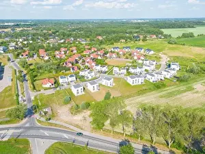 New Construction Prints: Aerial of new construction luxury residential neighborhood street single family homes real estate