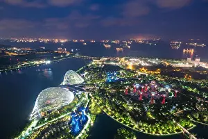 Aerial night view of Singapore Gardens near Marina Bay in Singapore in night