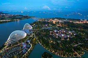 Aerial night view of Singapore Gardens near Marina Bay in Singapore in night