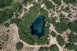 Gods View Prints: Aerial overhead drone shot of beautiful subterranean Melissani Lake Cave in Kefalonia Island