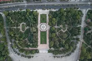 Gods View Prints: Aerial overhead drone shot of fountain in national garden in front of Zappeion Hall convention center in Athens