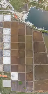 Salt Pan Prints: Aerial overhead drone shot of Salt Pans near Ston in Ragusa region near Dubrovnik in Croatia summer sunrise