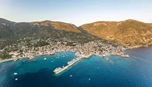 Residents Prints: Aerial overhead done shot of Komiza town port on Vis Island in Croatia sunset hour