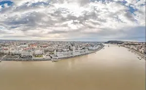 Morning Glow Prints: Aerial pano drone shot of Hungarian Parliament by Ddanube in Budapest winter morning