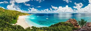 Digue Prints: Aerial Pano of Grand Anse beach at La Digue island in Seychelles