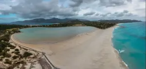 Southeastern Prints: Aerial panorama of Capo Carbonara and the beach and lake near Villasimius in southeastern Sardinia