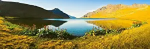 Ascending Prints: Aerial panorama close up blue Black rock lake panorama in scenic evening sunset light outdoors