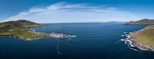 Iveragh Peninsula Prints: An aerial panorama of the coastal landscape of the Iveragh Peninsula with Beginish and Valentia Island Lighthouse