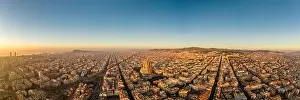 Agbar Tower Prints: Aerial panorama drone shot of Barcelona city church in construction in sunrise hour in Spain winter