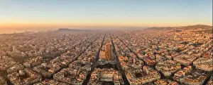 Agbar Tower Prints: Aerial panorama drone shot of Barcelona city church in construction in sunrise hour in Spain winter