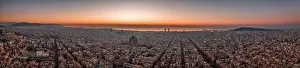 Agbar Tower Prints: Aerial panorama drone shot of Barcelona with sunrise over sea horizon in Spain winter dawn