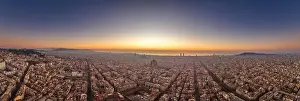 Agbar Tower Prints: Aerial panorama drone shot of Barcelona with sunrise over sea horizon in Spain winter dawn