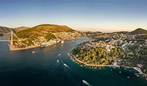 Aerial panorama drone shot of Dubrovnik bridge at Port Gruz in Lapad Adriatic sea in Croatia summer sunset