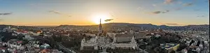 Holy Trinity Square Prints: Aerial panorama drone shot of Fisherman's Bastion on Buda Hill in Budapest sunset