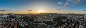 Holy Trinity Square Prints: Aerial panorama drone shot of Fisherman's Bastion on Buda Hill in Budapest sunset