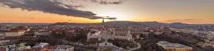 Beautiful Sky Prints: Aerial panorama drone shot of Fisherman's Bastion on Buda Hill in Budapest sunset time